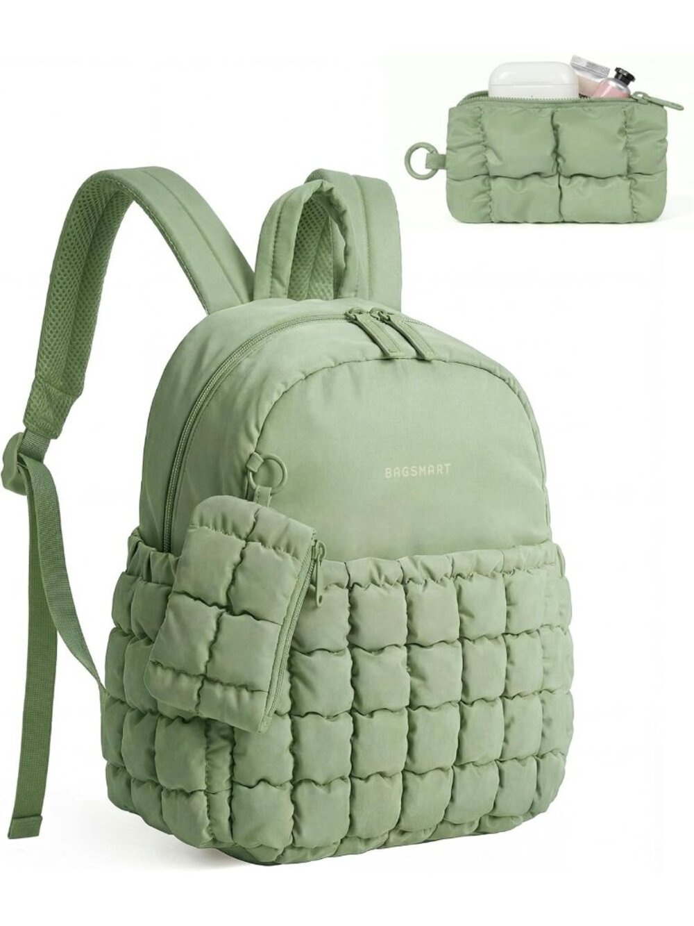 Women's Green Lightweight Quilted Mini Backpack 2-in-1 Travel College Bag